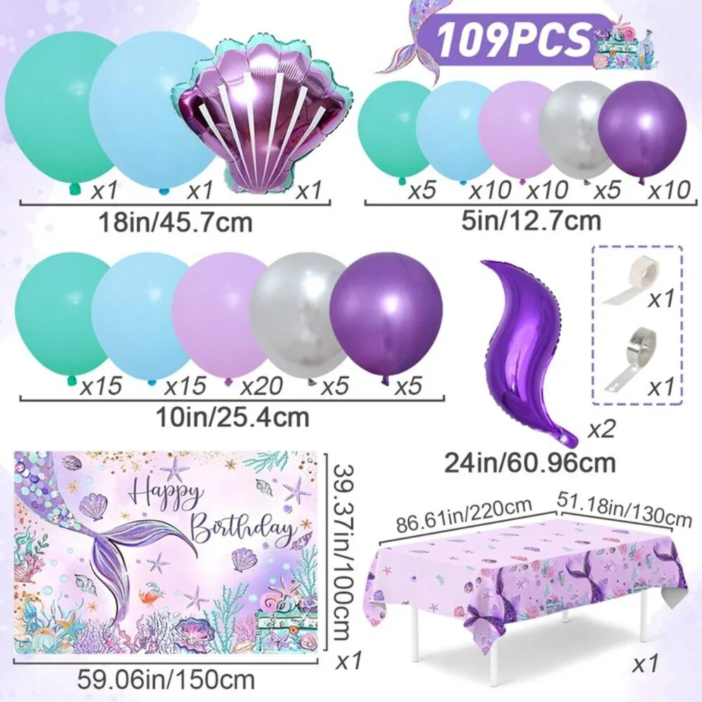 Mermaid Birthday Decoration Set - Backdrop, Balloon and Table cloth
